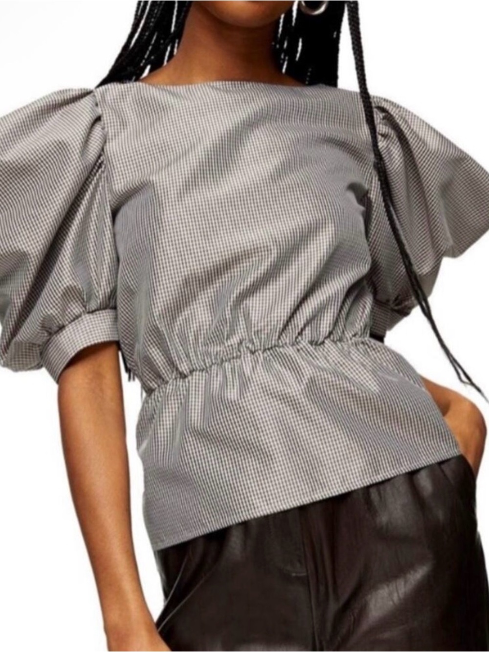 TopShop Black And White Gingham Check Drama Sleeve Blouse Size 8